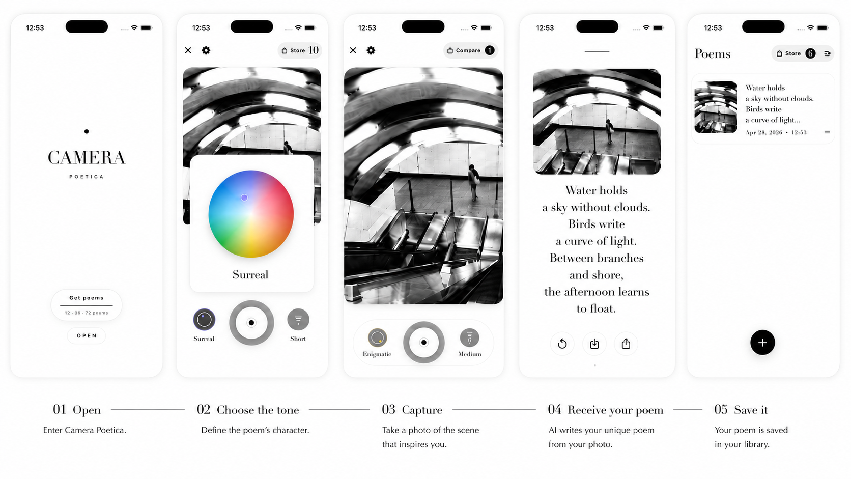 5 steps: 01 Open — Enter Camera Poetica. 02 Get poems — Choose the pack. 03 Capture — Take a photo. 04 Receive your poem — The app writes the poem. 05 Save it — Your poem is stored in your library.